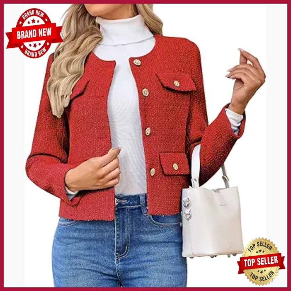Tweed Blazer Cropped Casual Business Jacket Button Down Long Sleeve